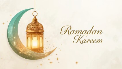 A decorative ramadan kareem greeting with a golden lantern and a crescent moon backdrop high quality