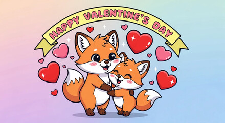 Valentine's Day Fox: A pair of adorable foxes embrace, surrounded by heart, celebrating Valentine's Day and expressing love.