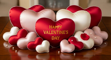 Valentine's Day Hearts Display: An array of plush hearts, a symbol of affection, artfully arranged to create a celebratory scene of love and romance for the special day