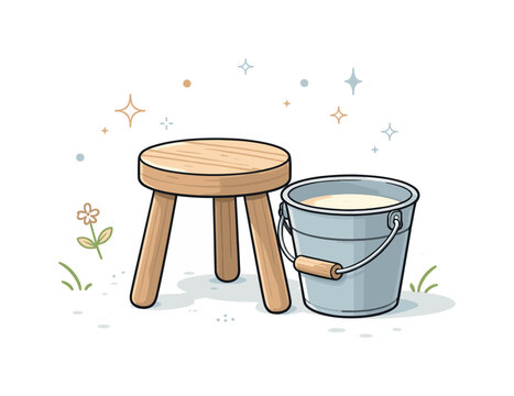Traditional Milking Setup. Traditional milking stool. Close-up scene of a three-legged stool beside a milk bucket, emphasizing simplicity and function. Calm