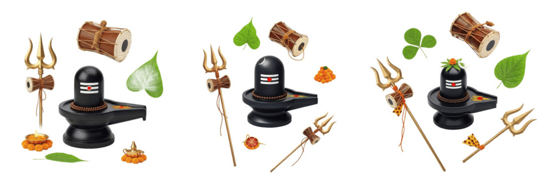 Collection of Maha Shivratri Hindu Festival Symbols and Sacred Elements isolated on white transparent PNG background