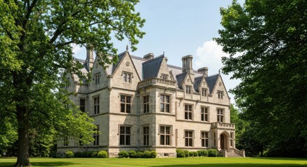 Obraz premium A grand stone mansion nestled in lush greenery, with elaborate architecture and multiple stories