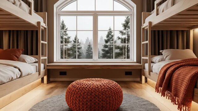 A serene bunk bed room with a large window overlooking forest trees, pouf, and blankets