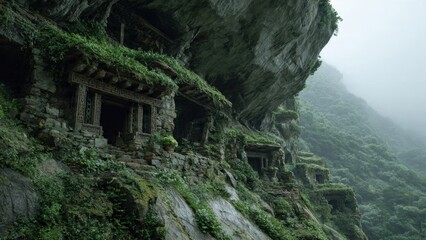 Fototapeta premium Ancient buildings carved into a mountainside