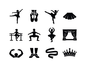 Obraz premium Ballet Icon Set. Ballet. Solid icon set of ballet: ballerina silhouette, pointe shoes, arabesque pose, tutu skirt icon, barre practice symbol, plie stance,
