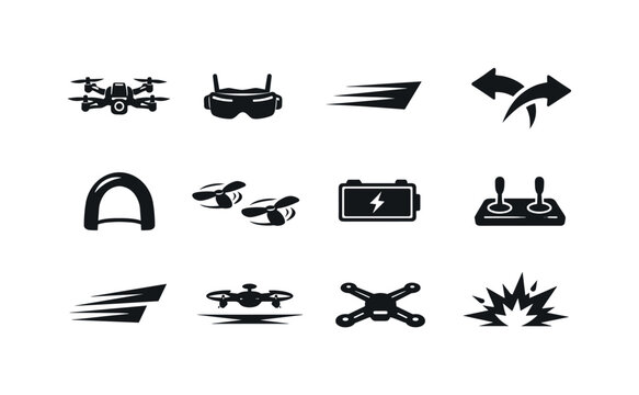 FPV Drone Icons. FPV Drone. Solid icon set of FPV Drone: racing drone, fpv goggles, speed trail, sharp turn arrows, obstacle gate, fast propellers, power
