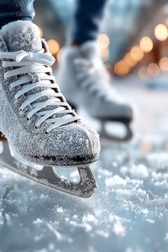 Primer plano de unos patines de hielo sobre una superficie helada con escarcha. Patinador en movimiento, ambiente invernal.