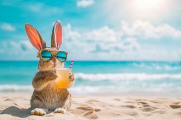 Easter bunny enjoys a drink on the beach during a sunny day with clear skies and ocean waves © Kristina