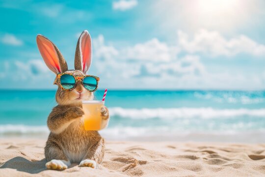 Easter bunny enjoys a drink on the beach during a sunny day with clear skies and ocean waves