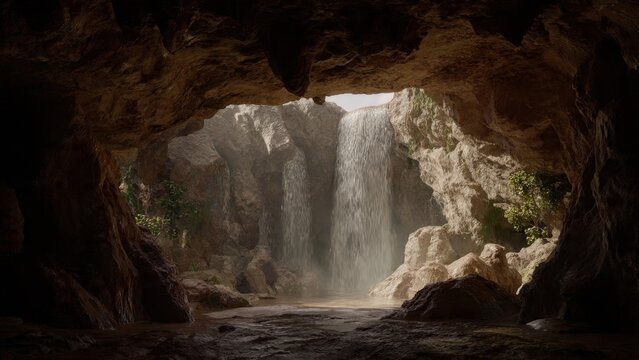 Cave Waterfall with Sunlight