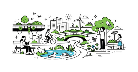 Fototapeta premium Eco-City Integration. Nature integrated into city infrastructure. Trees, plants, and animals are woven into streets, bridges, and public spaces, showing a