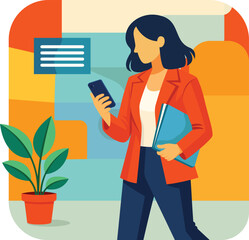 Naklejka premium Professional woman checking communication on mobile phone with folder and plant Vector illustration