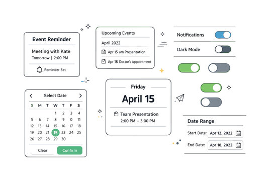 Minimalist Calendar UI Design. Digital calendar components. A friendly UI set with calendar cards, date pickers and simple toggle buttons arranged together,