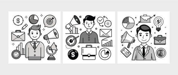 Fototapeta premium Finance and Marketing Icons in Monochrome Style