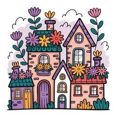 Obraz premium Whimsical Floral Cottage Illustration – Cute Cartoon Houses with Colorful Flowers and Hand-Drawn Garden Style