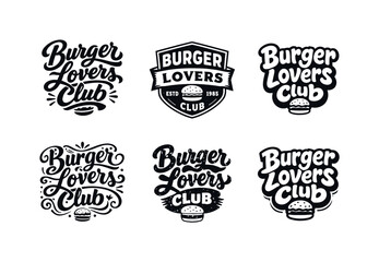 Obraz premium Creative Burger Typography. Burger Lovers Club. Set lettering. harmonious lettering variations of the same emblematic concept, each with different artistic