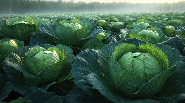Lush green cabbage fields basking in the early morning light create a serene landscape filled with nature&rsquo;s bounty