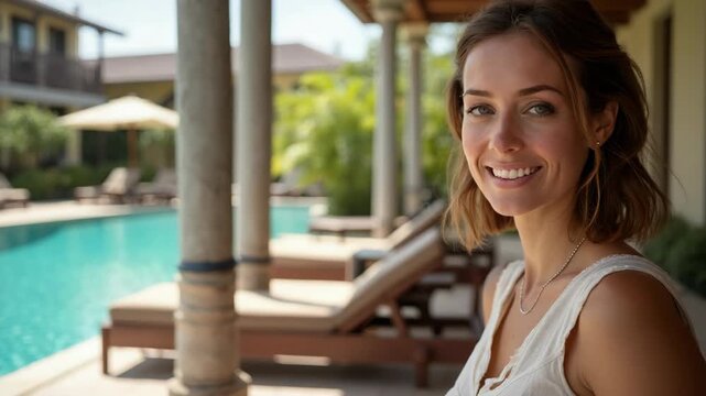 Young hostess smiling near resort outdoors. Space for text.