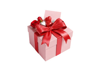Obraz premium Pink gift box with red ribbon and roses on isolated on a transparent background hearts Valentine's Day