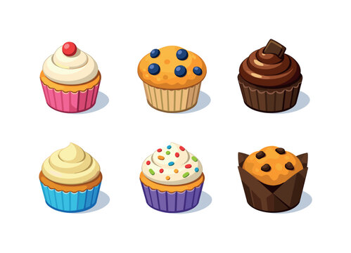 Colorful Cupcake Grid. Cupcakes and muffins. Isometric flat vector icons set of cupcakes and muffins: frosted cupcake, blueberry muffin, chocolate cupcake,