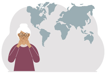 A woman covers his mouth and nose with his hands, his eyes closed. A world map is in the background. Image of colds, pain, sadness, sorrow, illness, grief, and suffering. Flat vector illustration.