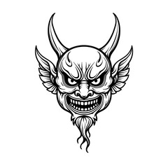 Fototapeta premium Devil face illustration with horns and fangs in monochrome style 