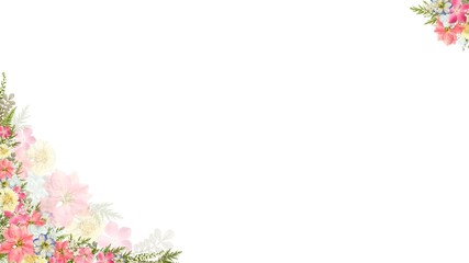 Obraz premium Wide horizontal pink and colorful floral pressed flower frame on white background, 16:9 botanical border with copy space for presentation slides and spring wedding