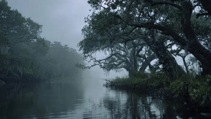Eerie River Scene with Mossy Trees