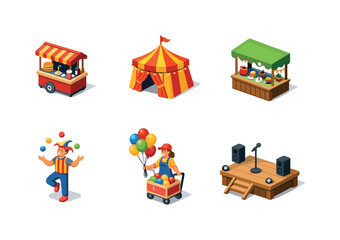Naklejka premium Outdoor Fair Icons. Outdoor fair illustrations. Isometric flat vector icons set of Outdoor fair illustrations: street food kiosk, festival tent, artisan stall,