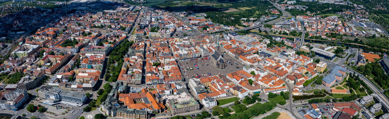 Fototapeta premium Aerial panorama view of the old town and market place in Pilsen, Czech Republic on a sunny summer day..