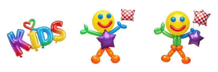 Set and Collection: Playful Kids Balloon Art with Rainbow Lettering and Cute Balloon Character Figure Isolated on White Transparent PNG Background