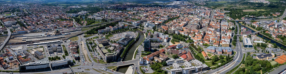 Obraz premium Aerial panorama view of the downtown in Pilsen, Czech Republic on a sunny summer day..