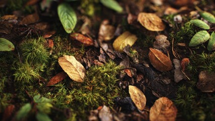 Forest floor with moss and fallen leaves