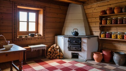 A cozy country house with a white stove.