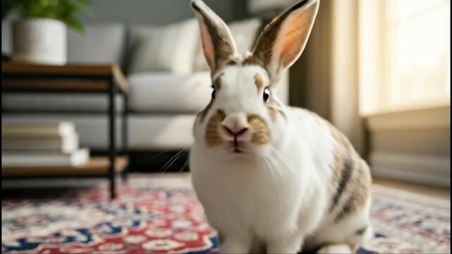 Curious rabbit explores living room with playful and inquisitive movements