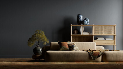 Elegant japandi dark moody interior featuring generous negative space, warm natural materials, and modern luxury design for a calm and visually striking composition. 3D illustration © Salih