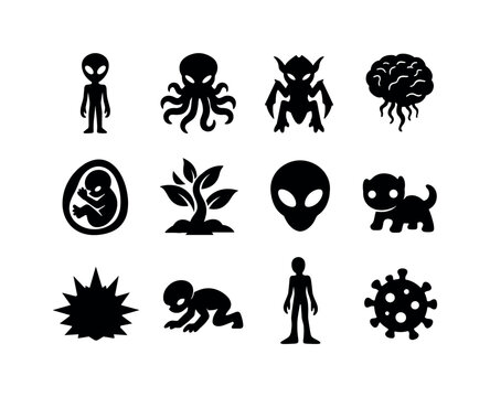 Martian Life Icons. Martian Life Forms. Solid icon set of Martian Life Forms: slim alien body, tentacle creature, insectoid alien, floating brain, alien