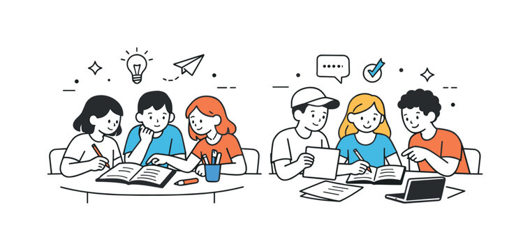 Collaborative Classroom Learning. Group learning in classroom. Small groups of students collaborating on an assignment, sharing ideas and materials. Friendly