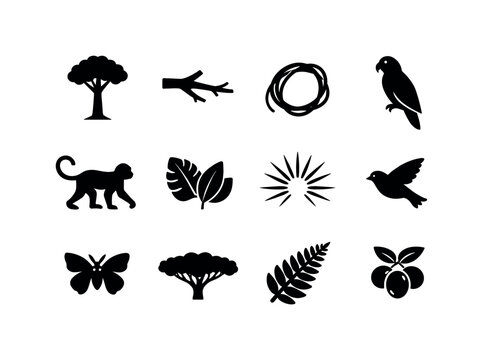 Jungle Canopy Icons. Jungle canopy layer. Solid icon set of jungle canopy layer: tall tree, branch silhouette, vine loop, parrot silhouette, monkey silhouette,