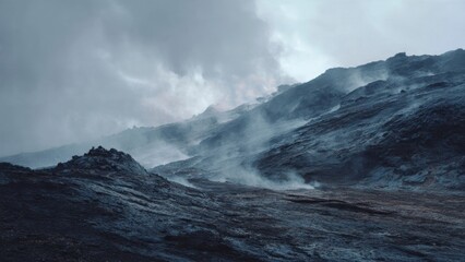 Icelandic Landscape with Steam and Mist
