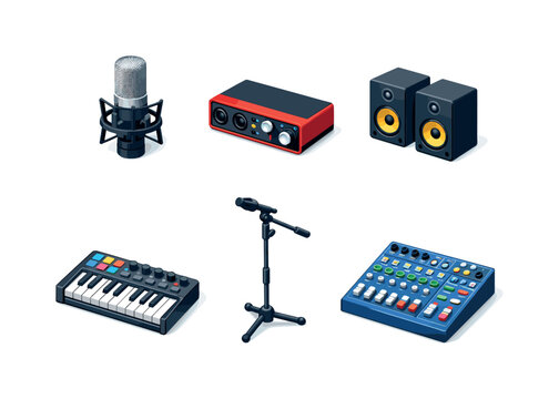 Isometric Sound Studio Icons. Sound studio. Isometric flat vector icons set of sound studio: studio microphone, audio interface, MIDI controller keyboard,