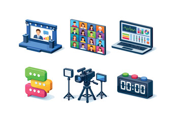 Virtual Event Icons. Virtual Events. Isometric flat vector icons set of Virtual Events: online conference stage screen, audience video grid tiles, virtual
