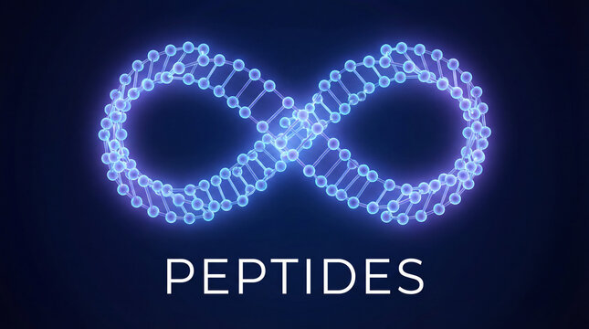 Peptides molecule visualized as an infinity loop, glowing to signify the trend in biohacking, longevity, and supplements. Symbolizes health and vitality. Image made using Generative AI.