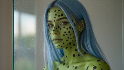 A woman with blue hair and green skin.