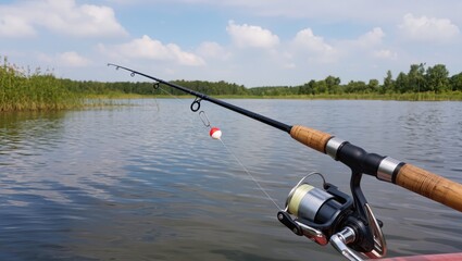 A fishing rod against the backdrop of a lake.