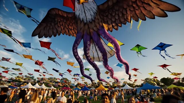 Colorful kites soar high above a crowd of people enjoying a sunny day at a festival.