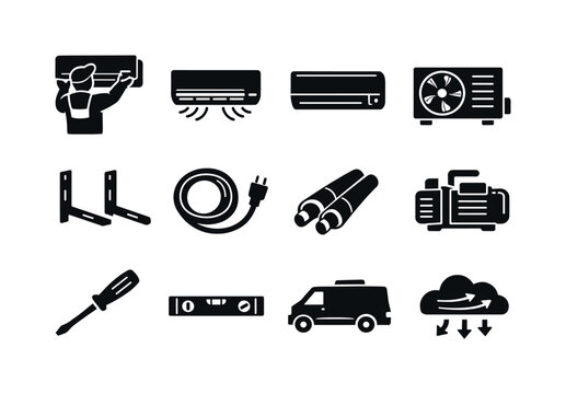 Air Conditioning Icons. Air Conditioning Installation. Solid icon set of Air Conditioning Installation: technician installing AC, split AC unit, indoor air