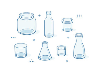 Minimalist Glass Vessels. Clear glass containers. A soft top-down view of various empty glass vessels on a neutral tablecloth, highlighting material beauty,