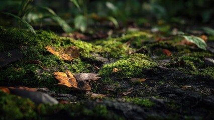 Fototapeta premium Mossy Forest Floor with Fallen Leaves