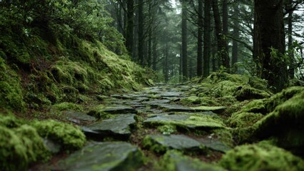 Obraz premium Mossy Stone Path Through Dense Forest